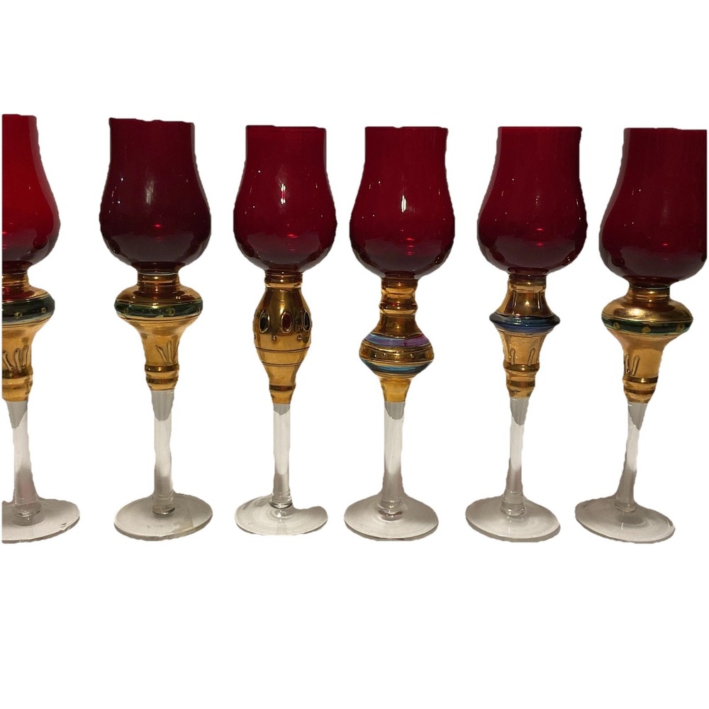 6 Vintage‎ Bombay Ruby Gold Long Stem Cordial Glasses 7"